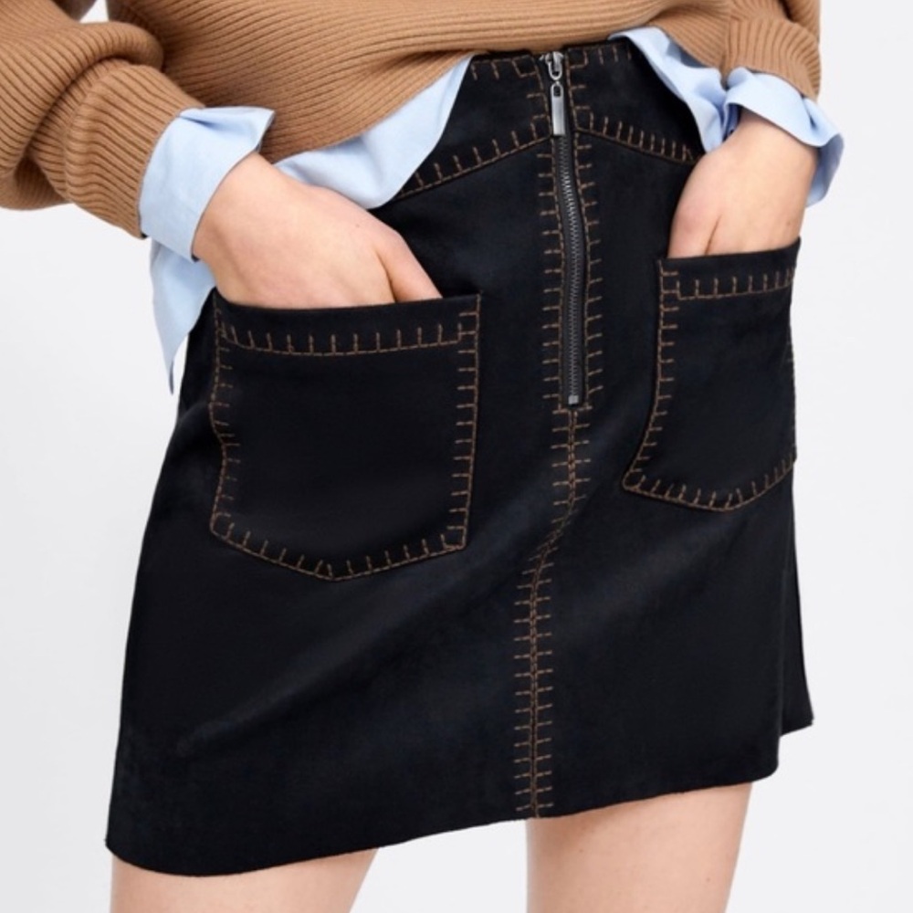 Zara Faux Black Suede with brown Stitching mini skirt small